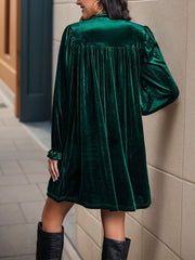 Velvet Notch Neck Puff Sleeves Ruffled Babydoll Dress