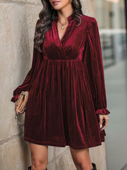 Velvet Notch Neck Puff Sleeves Ruffled Babydoll Dress
