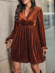 Velvet Notch Neck Puff Sleeves Ruffled Babydoll Dress