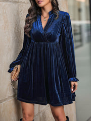 Velvet Notch Neck Puff Sleeves Ruffled Babydoll Dress