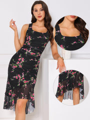 Floral Bodycon Sleeveless Square Neck Ruched Mesh Fishtail Dress