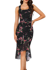 Floral Bodycon Sleeveless Square Neck Ruched Mesh Fishtail Dress