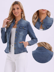 Casual Denim Classic Stand Collar Long Sleeve Jean Jacket