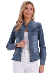 Casual Denim Classic Stand Collar Long Sleeve Jean Jacket
