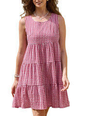 Gingham Sundress Sleeveless Plaid Flowy Swing Tiered Dress