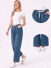 Casual Denim Pants Drawstring Elastic Waist Wide Legs Jeans