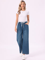 Casual Denim Pants Drawstring Elastic Waist Wide Legs Jeans