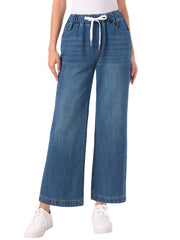 Casual Denim Pants Drawstring Elastic Waist Wide Legs Jeans