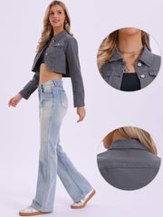 Collared Button Down Long Sleeve Denim Crop Jean Jacket