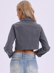Collared Button Down Long Sleeve Denim Crop Jean Jacket