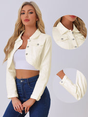 Collared Button Down Long Sleeve Denim Crop Jean Jacket