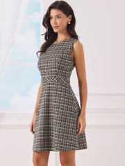 Plaid Sleeveless Fit and Flare Houndstooth Work Dress