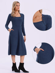 Casual Square Neck A-Line Pockets Midi Knitted Sweater Dress