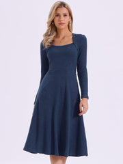 Casual Square Neck A-Line Pockets Midi Knitted Sweater Dress