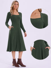 Casual Square Neck A-Line Pockets Midi Knitted Sweater Dress