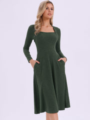 Casual Square Neck A-Line Pockets Midi Knitted Sweater Dress