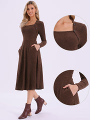 Casual Square Neck A-Line Pockets Midi Knitted Sweater Dress