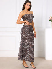 2 Pieces Leopard Print Strapless Crop Tube Top & Bodycon Skirts Matching Set