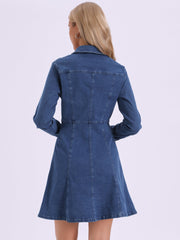 Button Down Collar V Neck Long Sleeve A-line Jean Denim Dress
