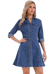 Button Down Collar V Neck Long Sleeve A-line Jean Denim Dress