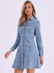 Button Down Collar V Neck Long Sleeve A-line Jean Denim Dress