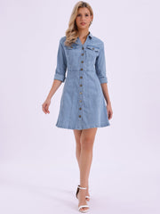 Button Down Collar V Neck Long Sleeve A-line Jean Denim Dress