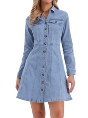 Button Down Collar V Neck Long Sleeve A-line Jean Denim Dress