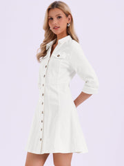 Button Down Collar V Neck Long Sleeve A-line Jean Denim Dress