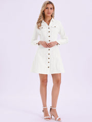 Button Down Collar V Neck Long Sleeve A-line Jean Denim Dress