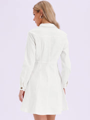 Button Down Collar V Neck Long Sleeve A-line Jean Denim Dress