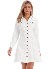 Button Down Collar V Neck Long Sleeve A-line Jean Denim Dress
