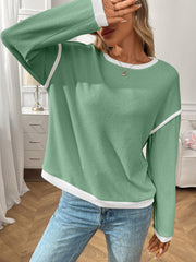 Round Neck Long Sleeves Colorblock Tops