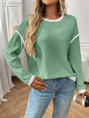 Round Neck Long Sleeves Colorblock Tops