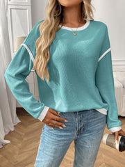 Round Neck Long Sleeves Colorblock Tops
