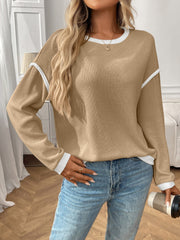 Round Neck Long Sleeves Colorblock Tops