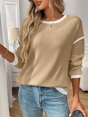 Round Neck Long Sleeves Colorblock Tops