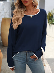 Round Neck Drop Shoulder Colorblock Blouse