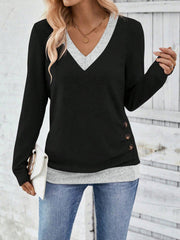 V Neck Colorblock Button Decor Casual Blouse