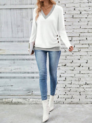 V Neck Colorblock Button Decor Casual Blouse