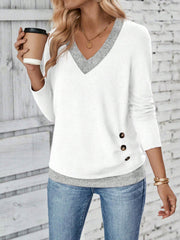 V Neck Colorblock Button Decor Casual Blouse