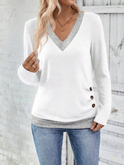 V Neck Colorblock Button Decor Casual Blouse