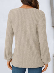 Solid Color V Neck Long Sleeve Textured Top