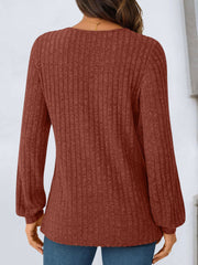 Solid Color V Neck Long Sleeve Textured Top