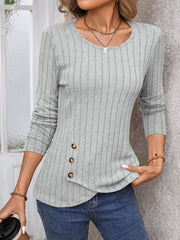 Round Neck Long Sleeves Button Decor Blouse