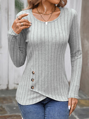 Round Neck Long Sleeves Button Decor Blouse