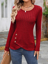 Round Neck Long Sleeves Button Decor Blouse