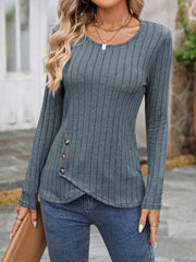 Round Neck Long Sleeves Button Decor Blouse