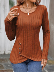Round Neck Long Sleeves Button Decor Blouse