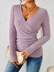 Ruched V Neck Long Sleeves Button Decor Top