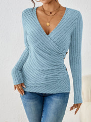 Ruched V Neck Long Sleeves Button Decor Top